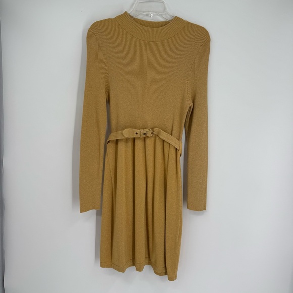 Free People French Girl Sweater Dress Size L Gold Shimmer Mock Neck Belted - Picture 13 of 13